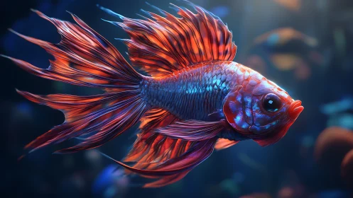 Vibrant red betta fish gliding through deep blue water.
