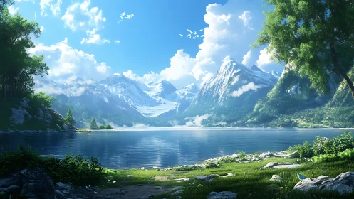 Sunlit mountain lake where calm water meets bright sky.