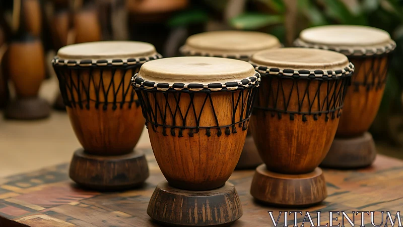 Handcrafted wooden djembes stand on patterned wooden table