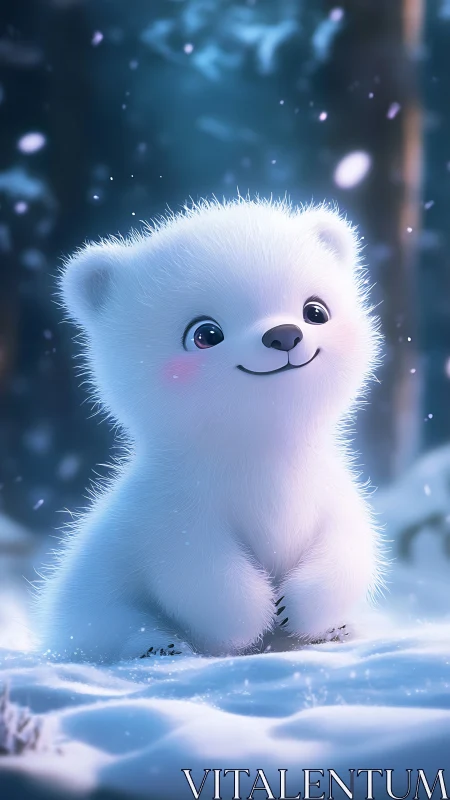 Cute white polar bear cub sits in softly glowing snowfall