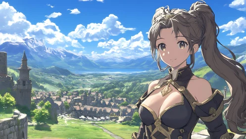 Fantasy warrior surveys sunlit valley city from ramparts