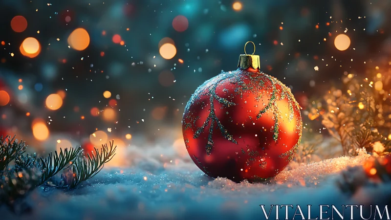 Glistening red bauble in dreamy winter bokeh glow.