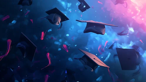 Graduation caps suspended in blue and magenta abstract light.