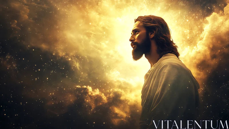 Radiant robed figure stands in glowing celestial clouds.