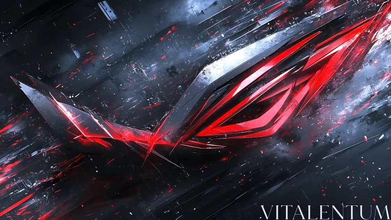 Shattered crimson wing emblem in high-speed digital motion.