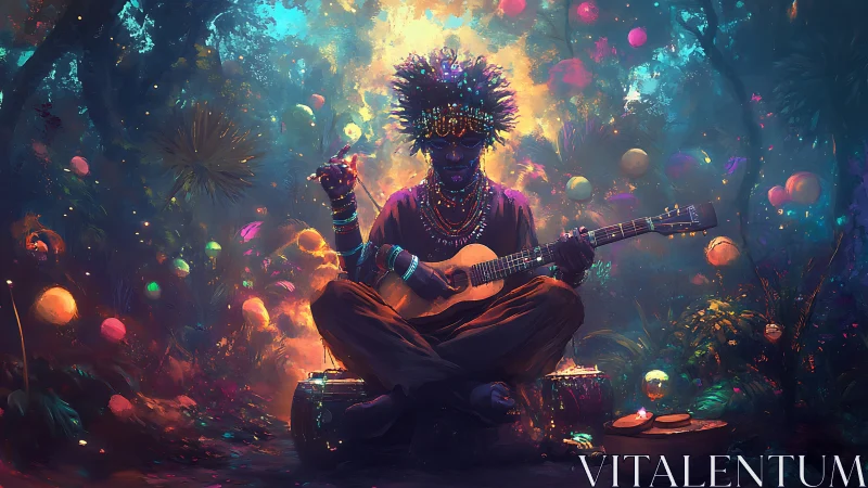 Luminescent forest musician in saturated bokeh-rich chromatic haze