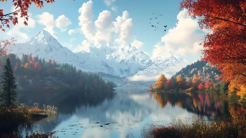 Tranquil autumn lake cradled by snowy mountain peaks.