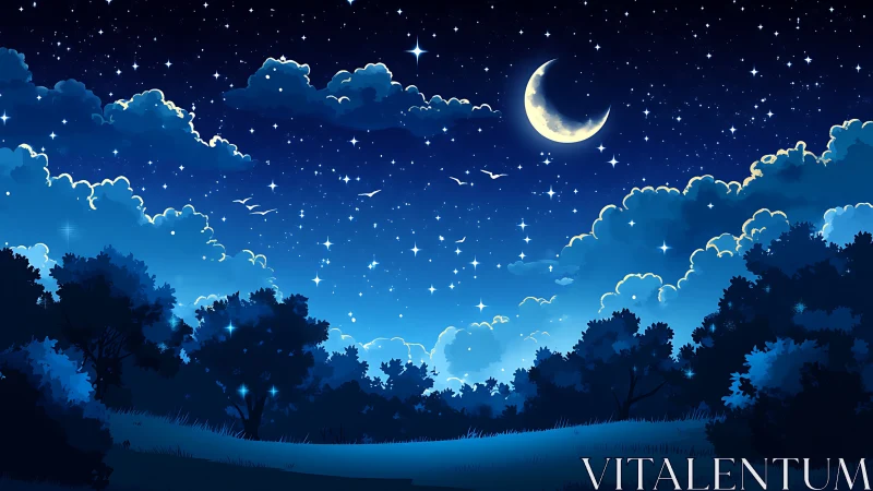 Crescent moon hangs over stylized forest under starry sky