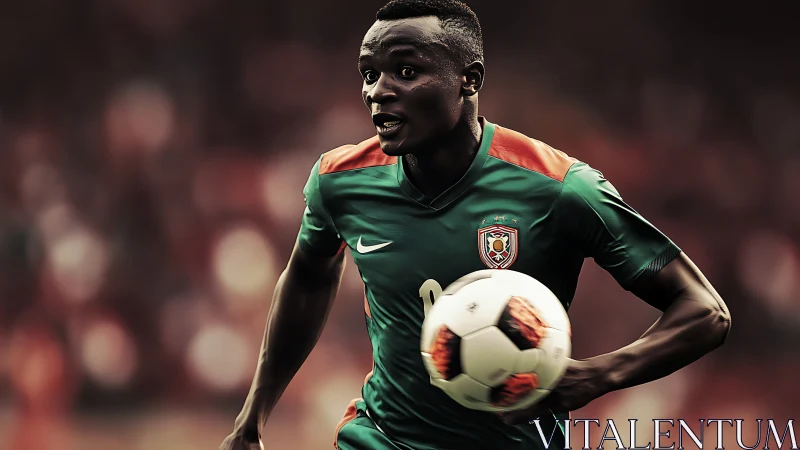 Dynamic football sprint with shallow depth-of-field rendering.