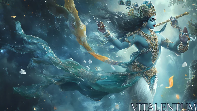 Celestial blue deity dancing through swirling starlit mist.