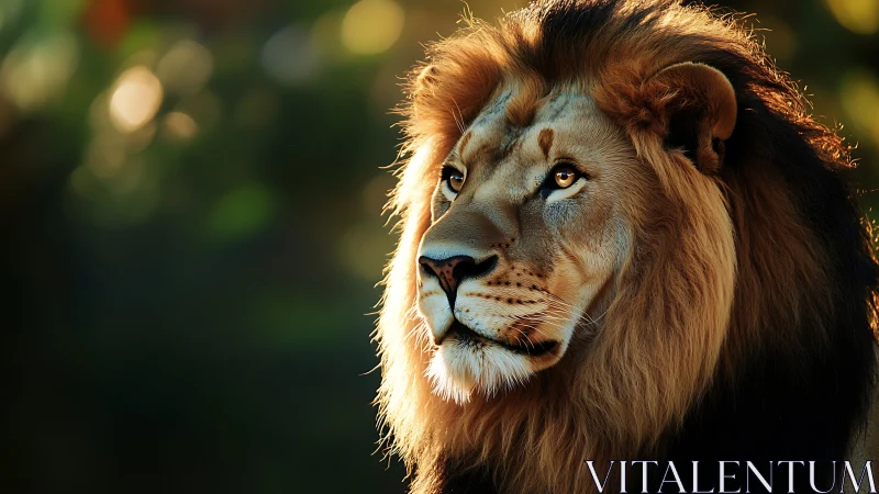 Sunlit lion studies the quiet horizon with molten patience