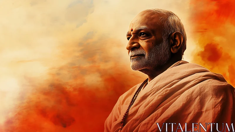 Elderly monk portrait against glowing saffron sky backdrop.