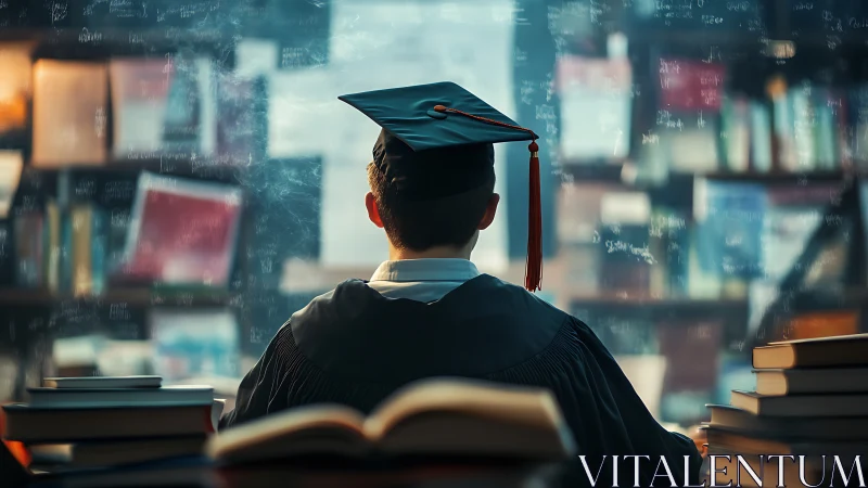 Graduate in library surrounded by books and equations.
