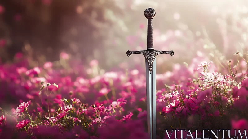 Photorealistic sword in luminous wildflower meadow composition.