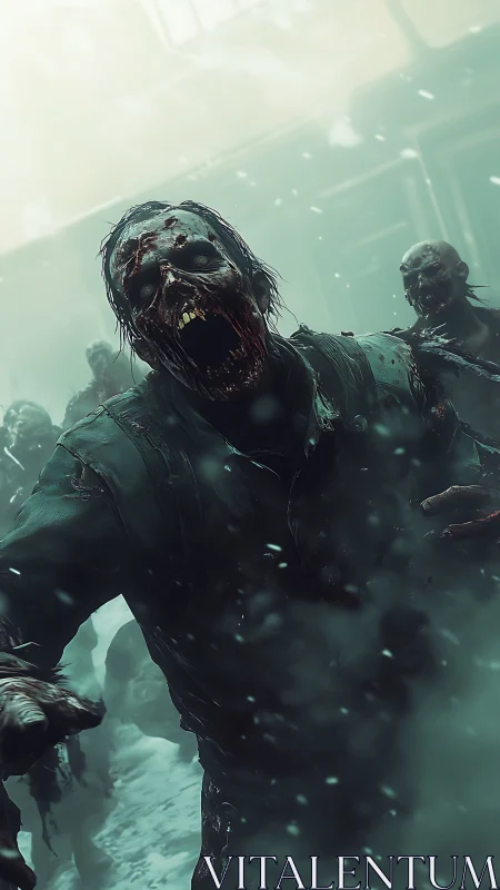 Cinematic undead horde advances through blizzard haze toward viewer
