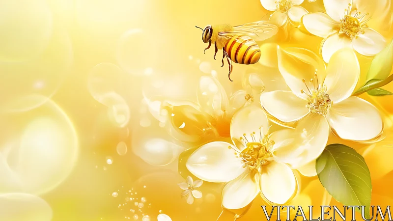 Honeybee over glowing white blossoms in golden light.