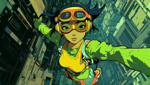 Goggled urban figure in dynamic aerial perspective over cityscape.