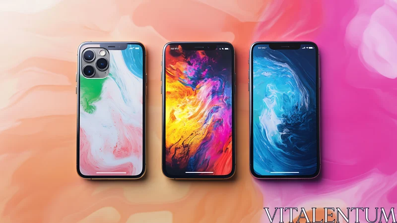 Chromatic smartphone trio swirling with liquid digital color.