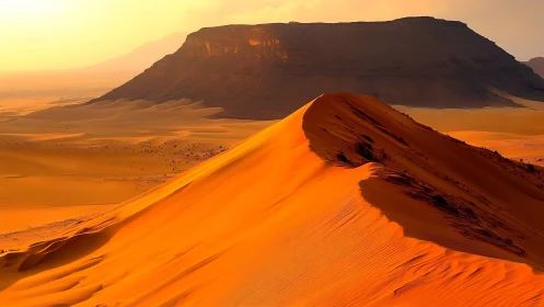 Sunlit crescent sand dune ridge before basalt desert mesa