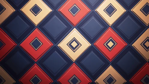 Geometric diamond grid with layered colored square tiles.