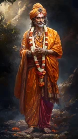 Serene Hindu sage stands in vivid saffron robes and garlands.