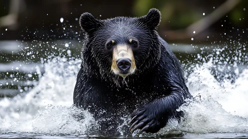 Powerful black bear splashes through a bright mountain river