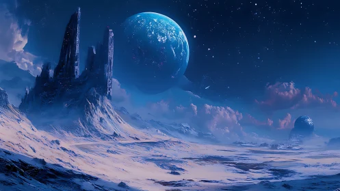 Frozen alien landscape under distant blue planets.
