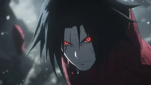 Close view shows red-eyed anime character in muted landscape