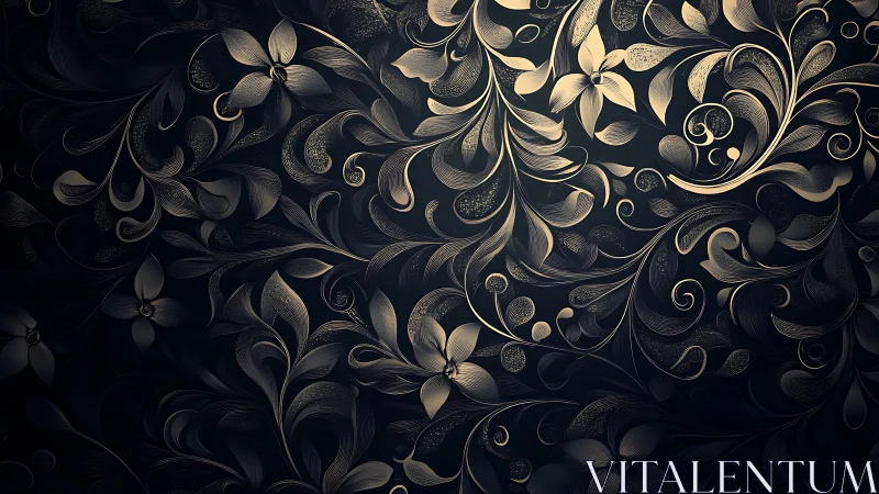 Gold floral scrollwork pattern over deep charcoal field
