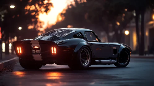 Midnight muscle coupe prowls through ember-lit city streets.