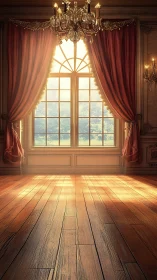 Digital painting of sunlit baroque window and parquet floor.