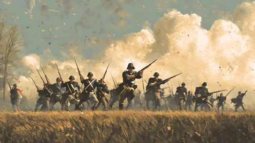 Infantry charge across open field under dense explosions.
