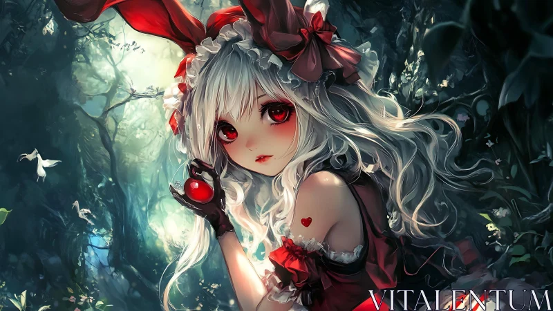 Red-clad anime girl holds an apple in a dense forest setting
