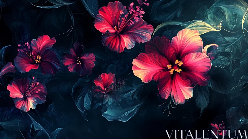 Digital rendering shows stylized hibiscus flowers on dark field