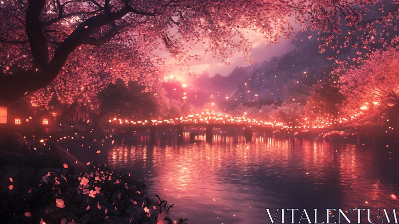 Cherry blossom river scene shows illuminated bridge at dusk