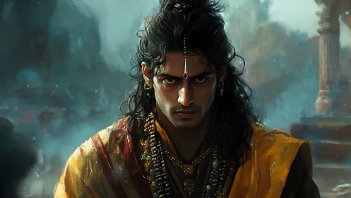 Storm-eyed prince in golden robes before misty ruins.