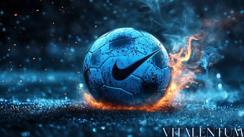 Ignited blue soccer ball in cinematic neon firestorm.
