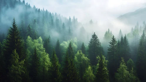 Misty Forest Valley Embraced by Towering Pine Trees