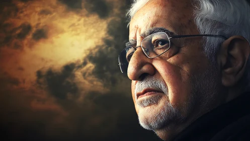 Photorealistic elder portrait against dramatic storm sky.