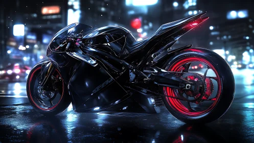Neon storm superbike prowls wet cyberpunk city streets.