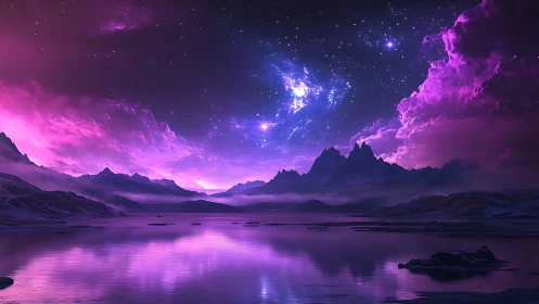 Purple nebula sky over distant mountains reflected in water