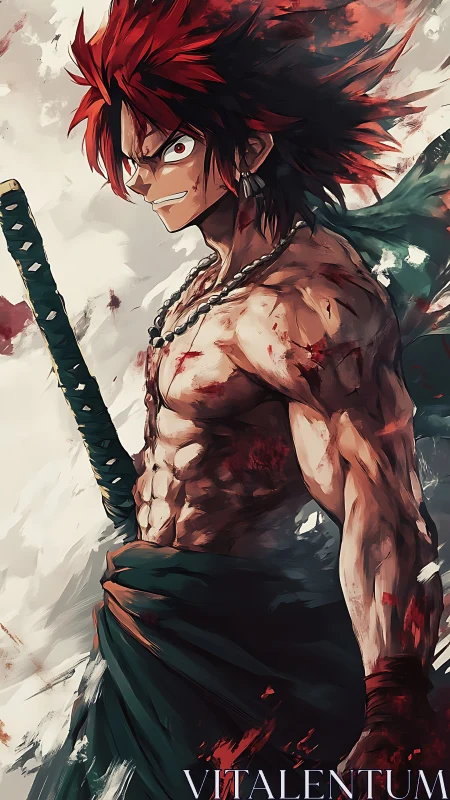 Battle-scarred crimson swordsman ignites a storm of fury.