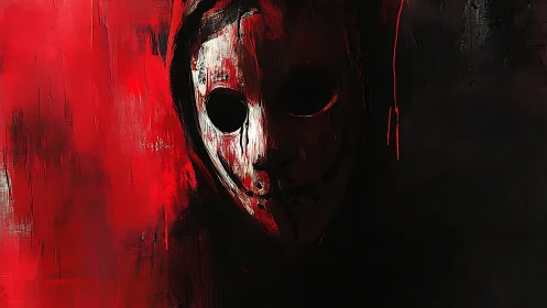 Hooded white mask emerges from red and black darkness