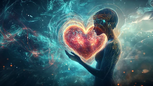 Digital Figure Holding Glowing Heart in Ethereal Energy Field.