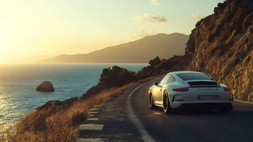 Porsche 911 slices coastal road under golden sunset sky.