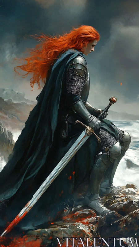 Red-haired coastal knight pausing between storm and silence.