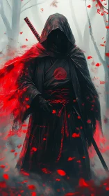 Hooded katana sentinel in blood-red particulate vortex field.