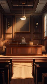 Warm wooden courtroom interior stands silent and solemn.