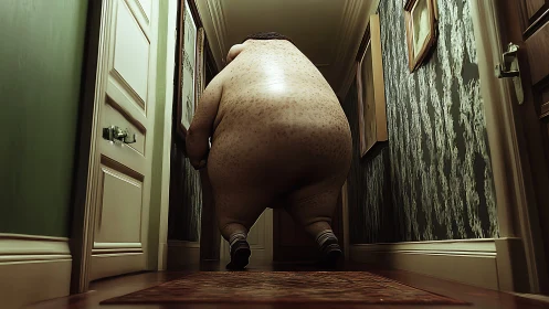 Curious hallway wanderer padding softly toward adventure.