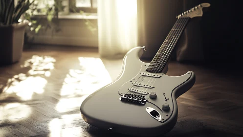 White solid‑body electric guitar on wooden floor in light.